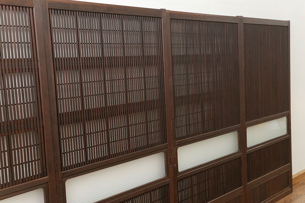 古民具・骨董 上質な銀モールガラス入りアンティーク格子戸4枚セット(裏障子付き)