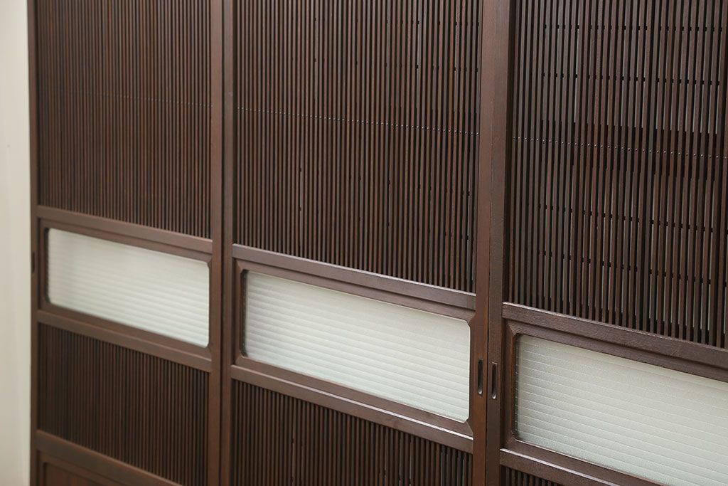 古民具・骨董 上質な銀モールガラス入りアンティーク格子戸4枚セット(裏障子付き)