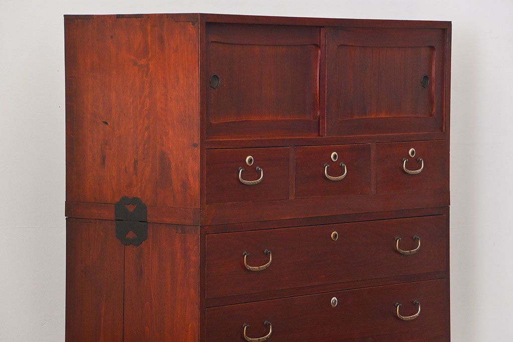 アンティーク家具　アンティーク 古い木のシンプルな三段重ね時代箪笥(チェスト)