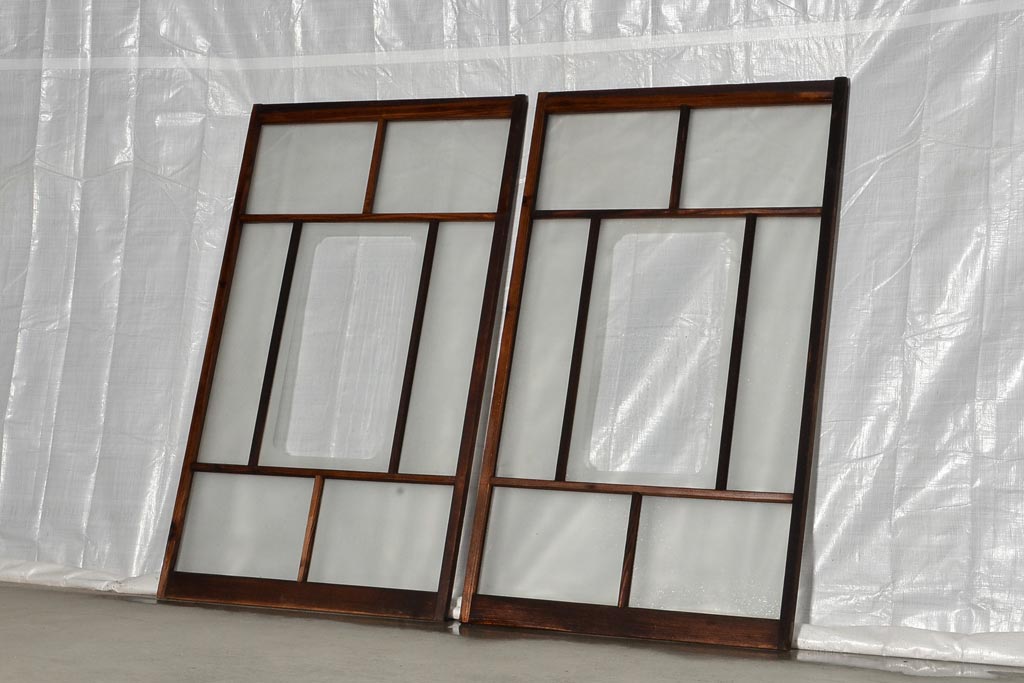 アンティーク建具　シンプルな木製フレームのガラス戸2枚セット(窓、引き戸)(R-036743)