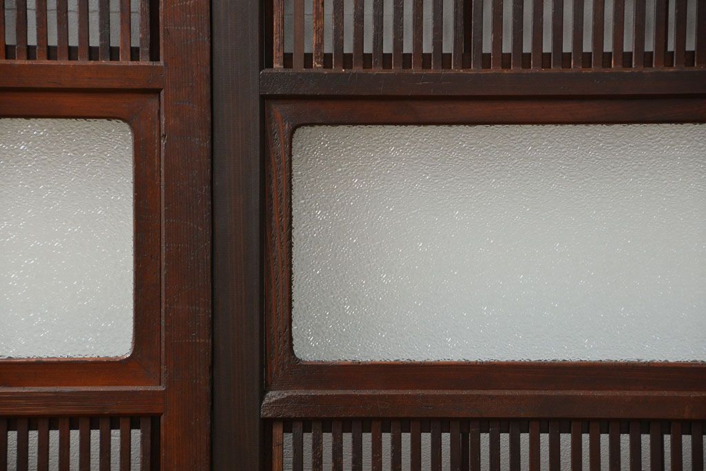 アンティーク 腰板欅材の上質な裏障子付き格子戸　2枚セット　(和風建具、引き戸)