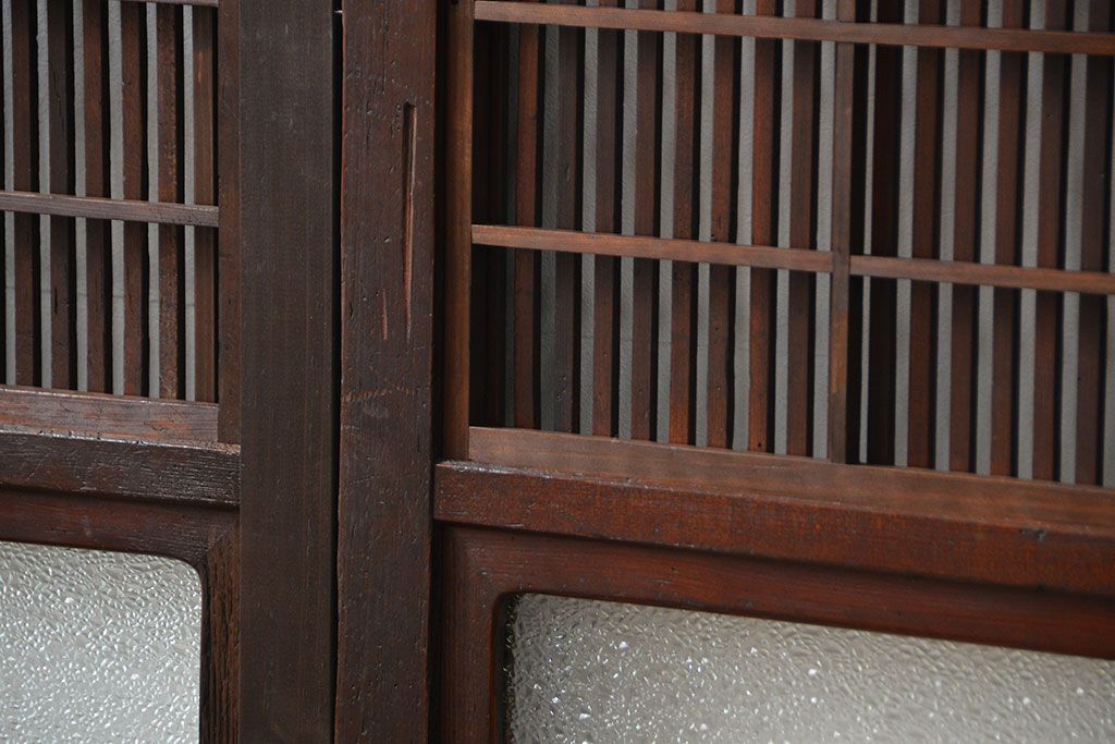 アンティーク 腰板欅材の上質な裏障子付き格子戸　2枚セット　(和風建具、引き戸)