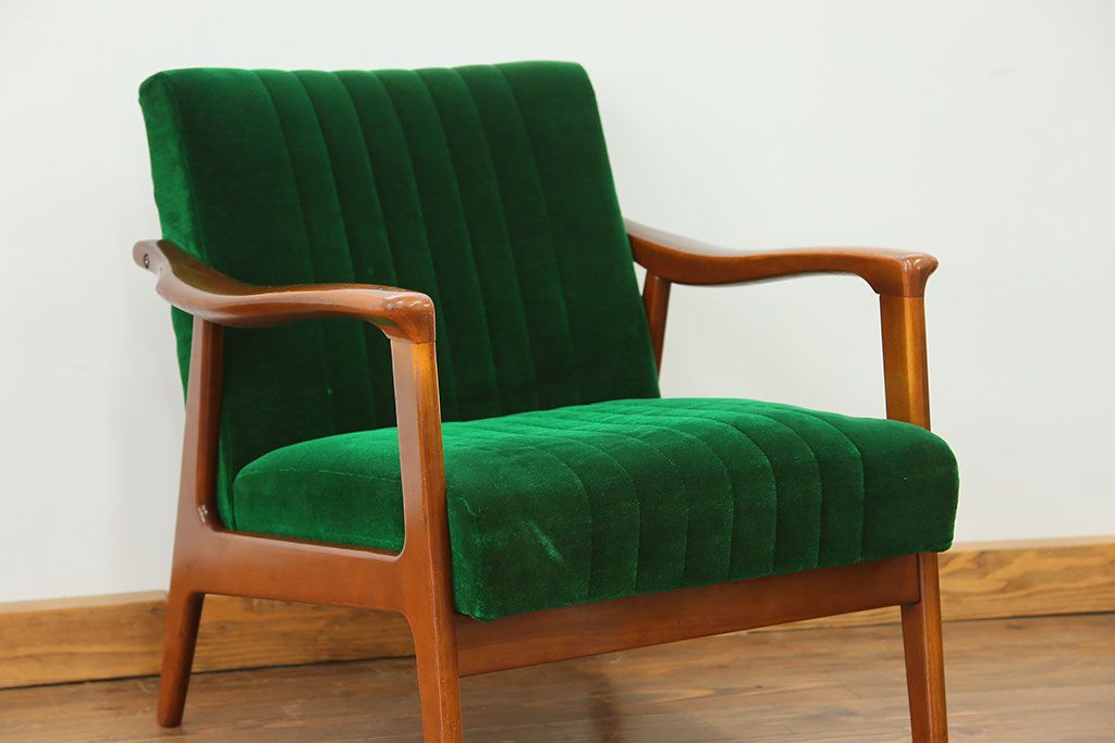 レトロ家具　昭和レトロ グリーン座面のアームチェア(1)(椅子、1人掛けソファ、イス)