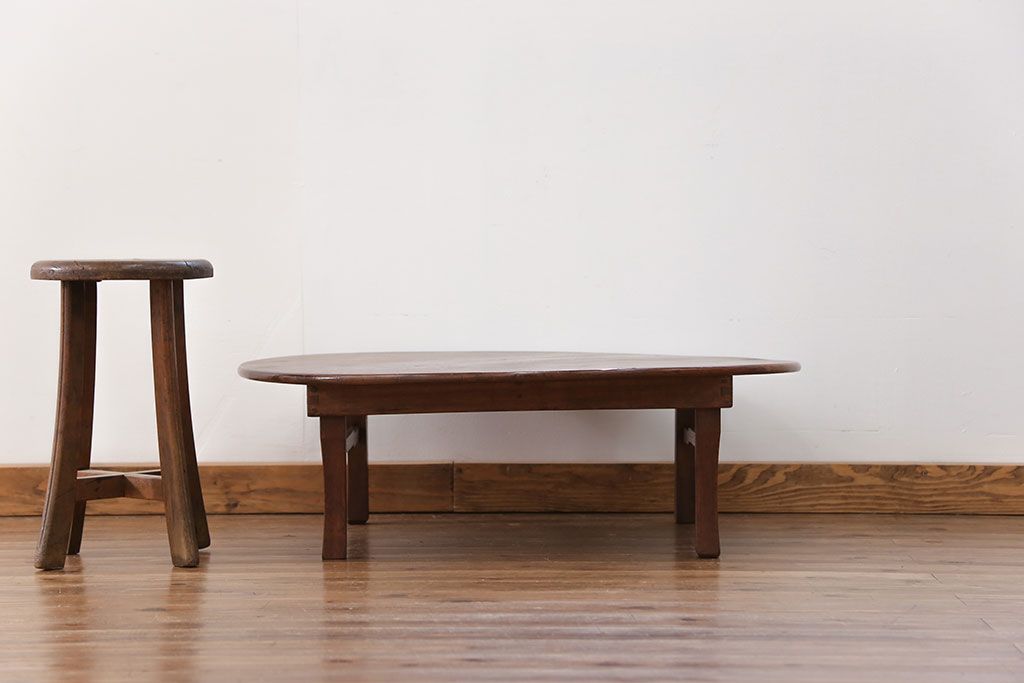レトロ家具　昭和レトロ 古い栓材の丸型ちゃぶ台 (テーブル、机)