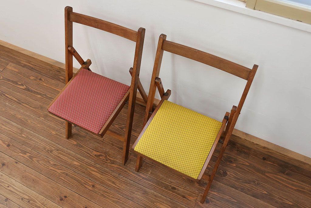 ヴィンテージ家具　ビーチ材　イギリスビンテージのフォールディングチェア 2脚セット(折り畳み椅子・イス)