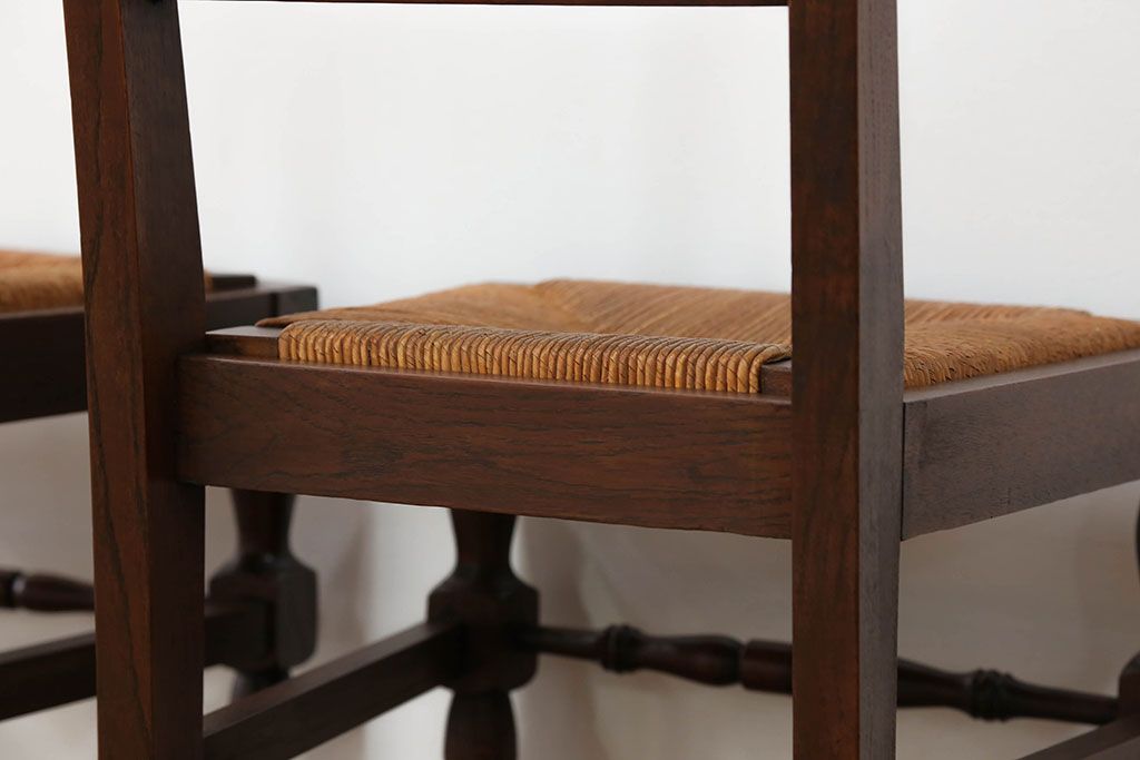 アンティーク家具　フランスアンティーク　オーク材　上質なアールデコ　ラッシチェア2脚セット(3)(椅子、イス)