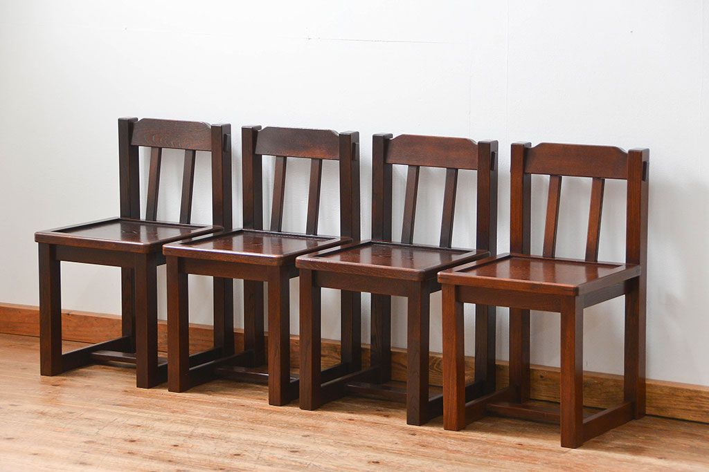 中古 杢目の美しいニレ材 重厚な囲炉裏ダイニングテーブルとダイニングチェア4脚セット