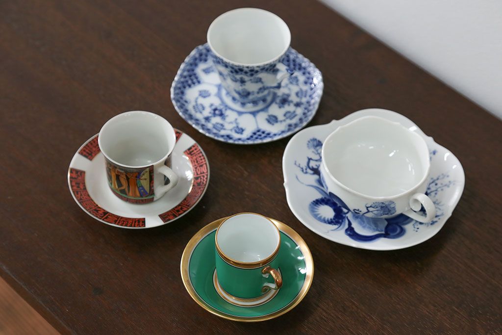 アンティーク雑貨　ロイヤルコペンハーゲン(Royal Copenhagen)・マイセンなどのカップ&ソーサー4種類セット(リモージュ・リチャード・ジノリ)