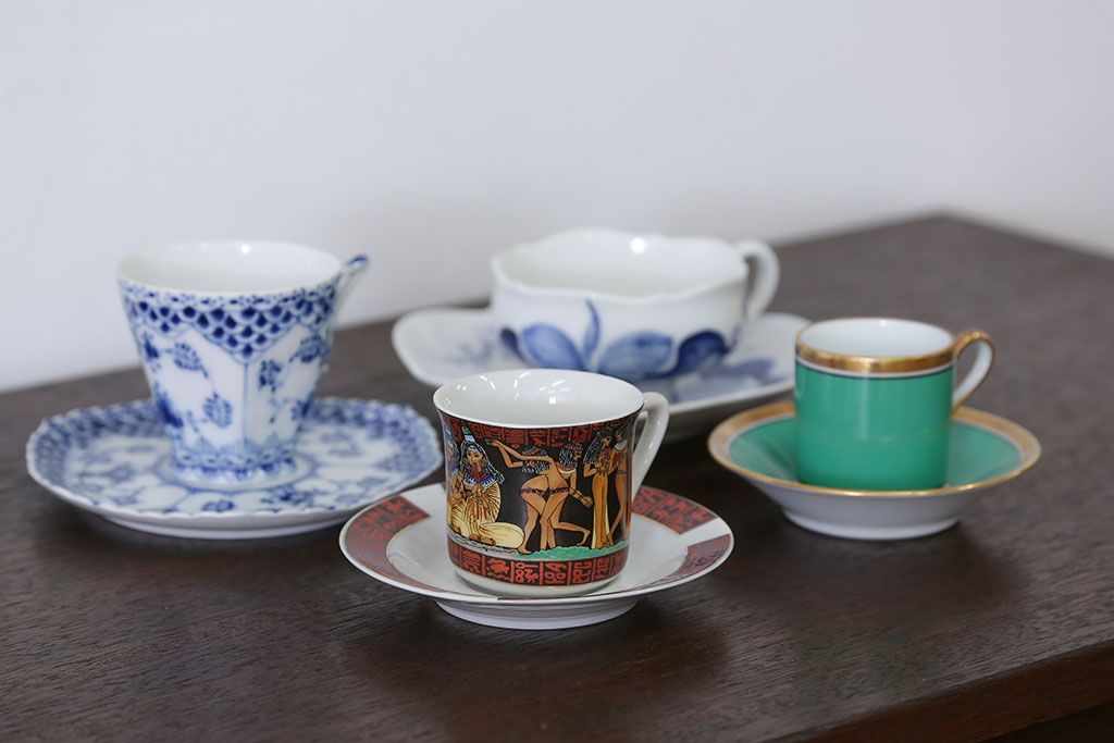 アンティーク雑貨　ロイヤルコペンハーゲン(Royal Copenhagen)・マイセンなどのカップ&ソーサー4種類セット(リモージュ・リチャード・ジノリ)