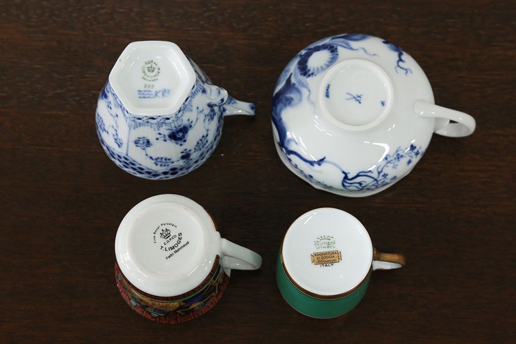 アンティーク雑貨　ロイヤルコペンハーゲン(Royal Copenhagen)・マイセンなどのカップ&ソーサー4種類セット(リモージュ・リチャード・ジノリ)