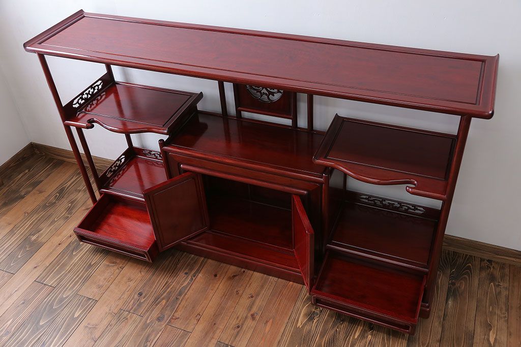 アンティーク家具　1970年頃 唐木製の横長飾り棚(茶棚、時代箪笥)
