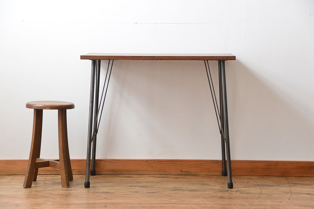 アンティーク家具　アンティーク 天板一枚板 古材を使った鉄脚テーブル(6)(作業台、机)