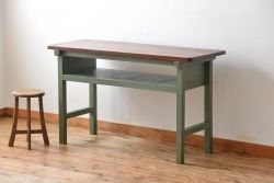 アンティーク家具　アンティークペイント　シンプルな横長作業台(テーブル、机)