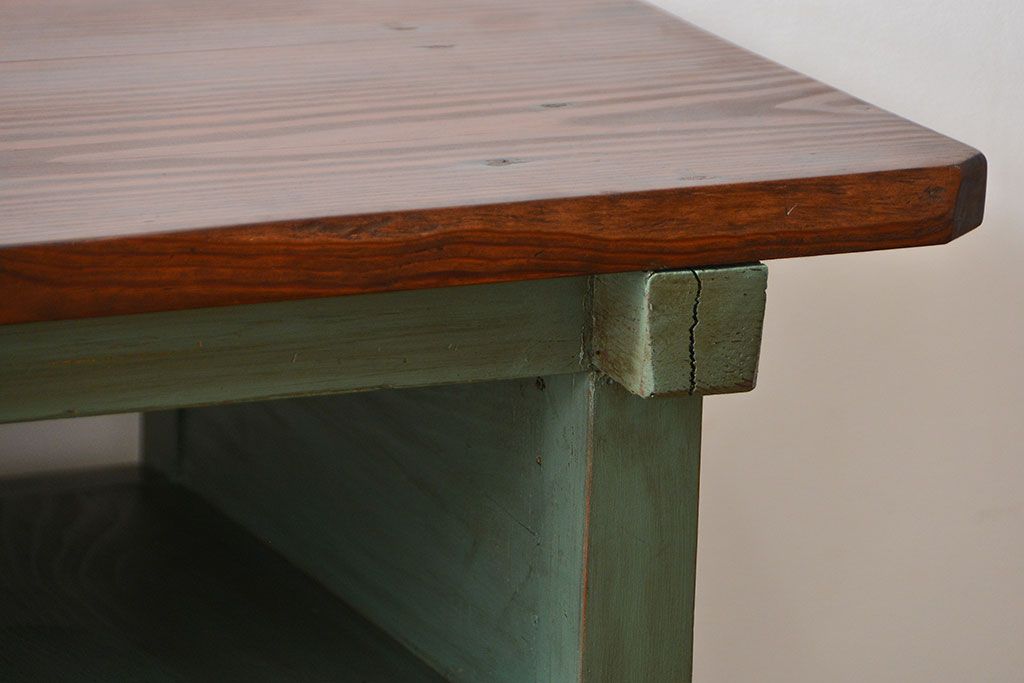 アンティーク家具　アンティークペイント　シンプルな横長作業台(テーブル、机)