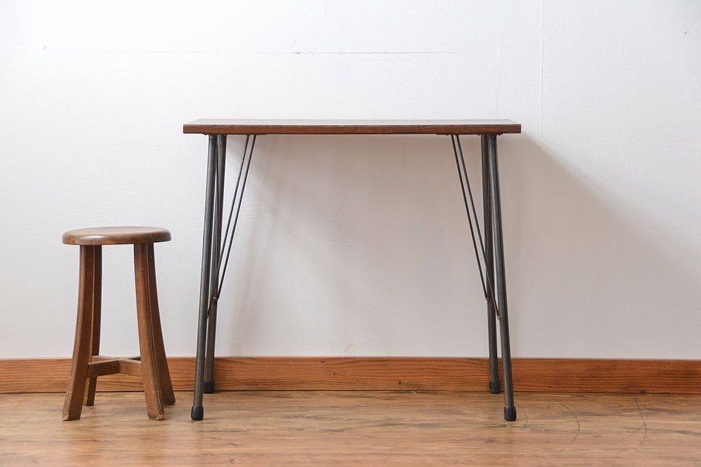 アンティーク家具　アンティーク 天板一枚板!古材を使った鉄脚テーブル(7)(作業台、机)