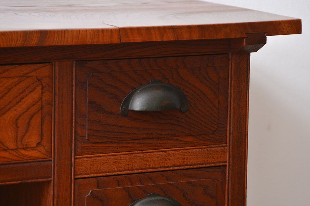 アンティーク家具　アンティーク 古い欅材の薄型両袖机(サイドテーブル)