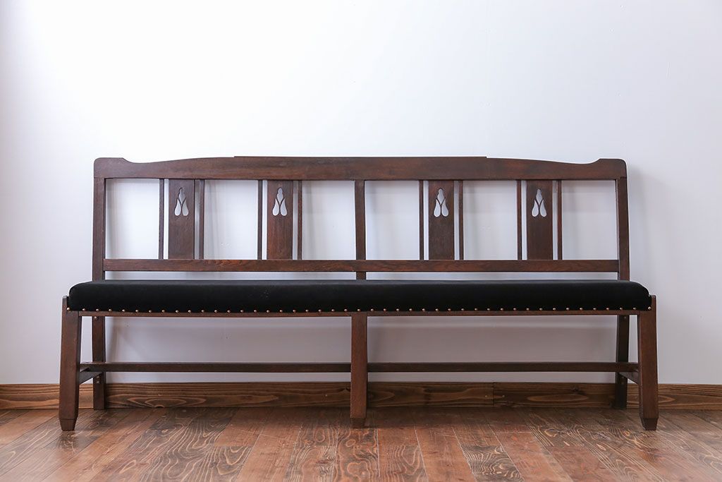 アンティーク家具　大正ロマン　古いナラ材の透かし彫りのアンティークベンチ(長椅子)