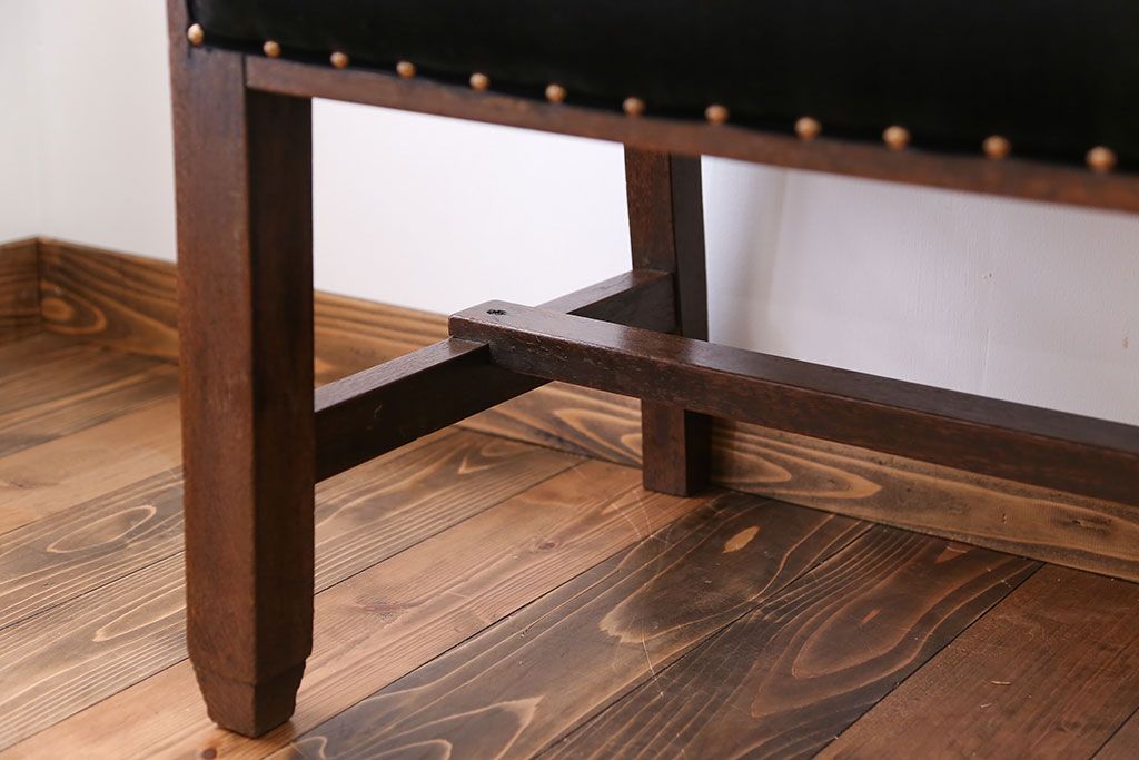 アンティーク家具　大正ロマン　古いナラ材の透かし彫りのアンティークベンチ(長椅子)