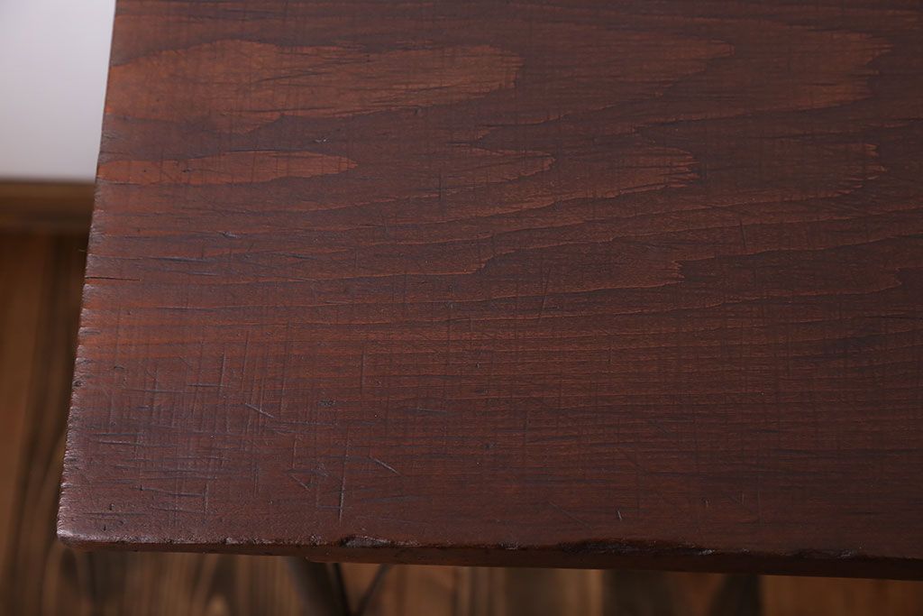アンティーク家具　アンティーク　天板一枚板　鉄脚横長テーブル(作業台)