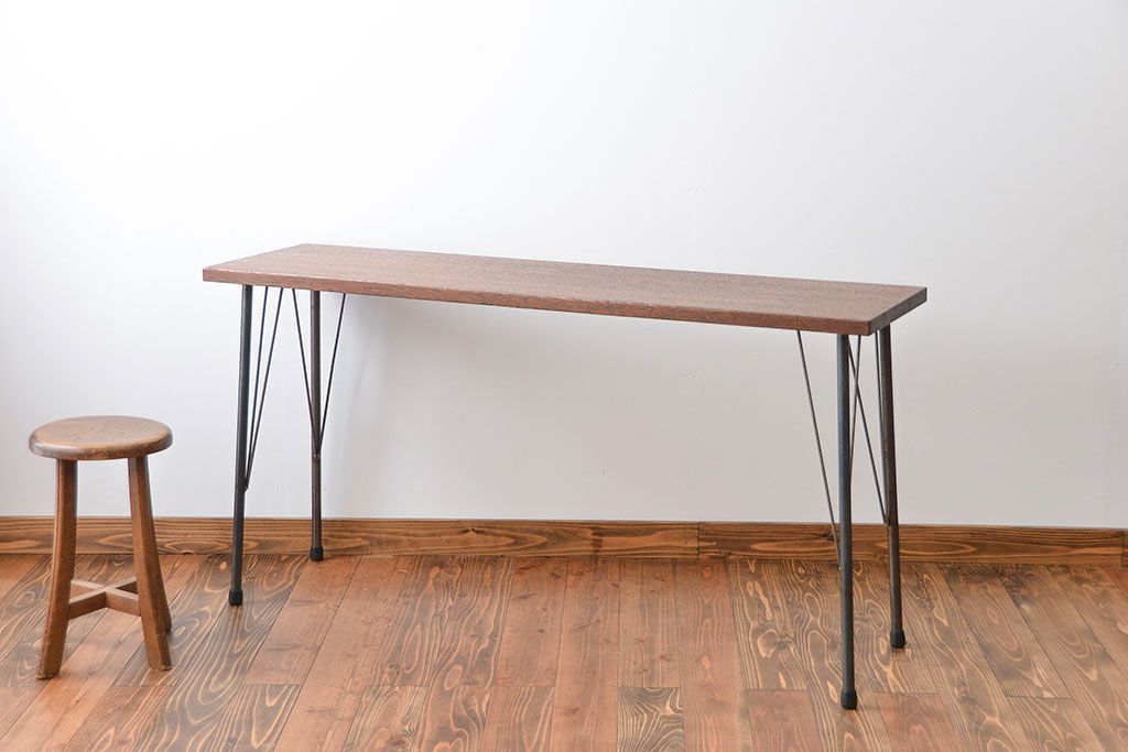 レトロ家具　昭和レトロ　天板一枚板　古材を使った鉄脚テーブル(1)(作業台)