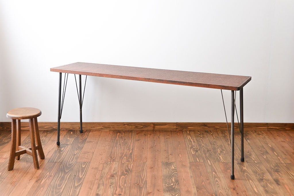 レトロ家具　昭和レトロ　天板一枚板　古材を使った鉄脚テーブル(3)(作業台)