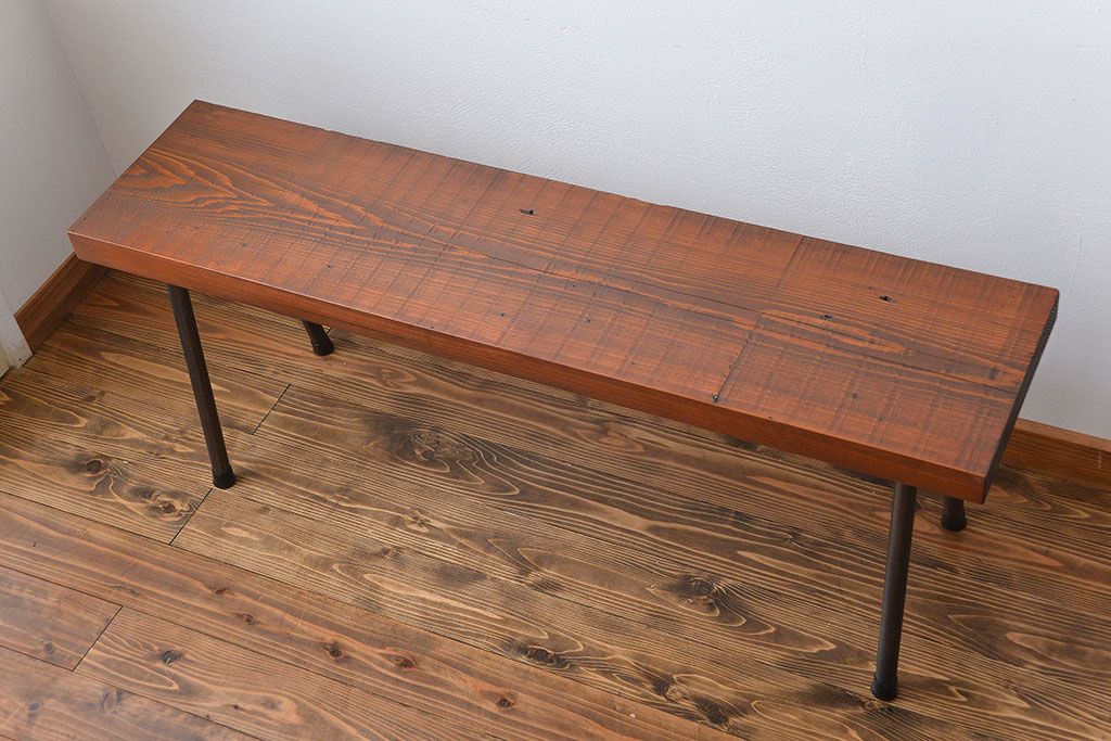 レトロ家具　昭和レトロ 天板一枚板　古材を使った鉄脚ベンチ(1)