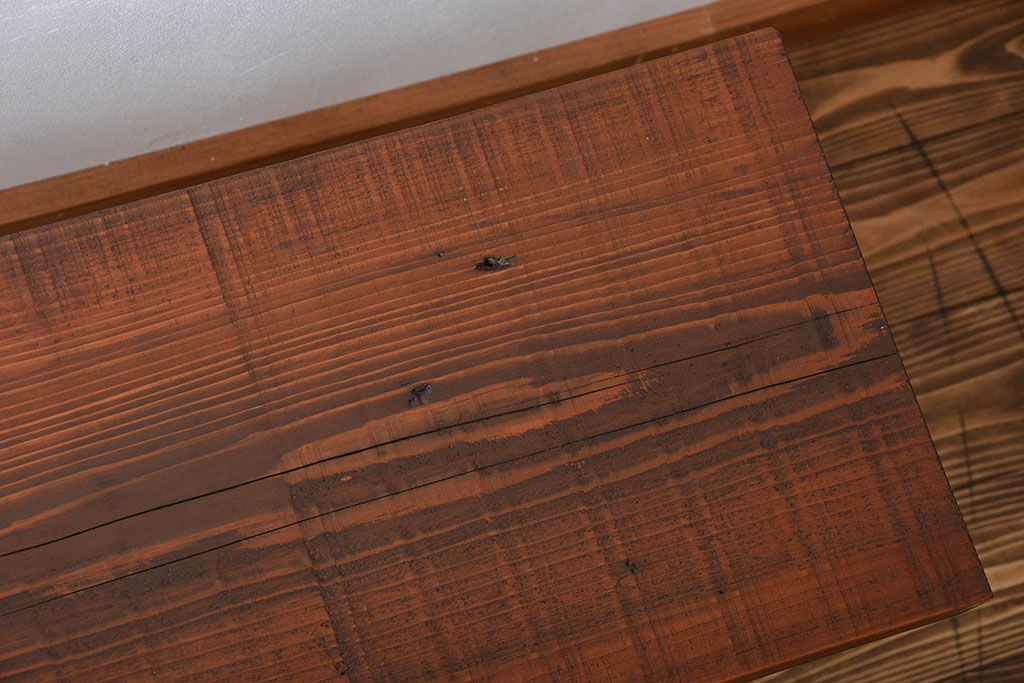 レトロ家具　昭和レトロ 天板一枚板　古材を使った鉄脚ベンチ(1)