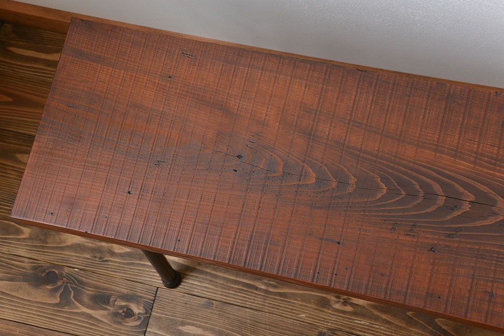 レトロ家具　昭和レトロ 天板一枚板　古材を使った鉄脚ベンチ(2)