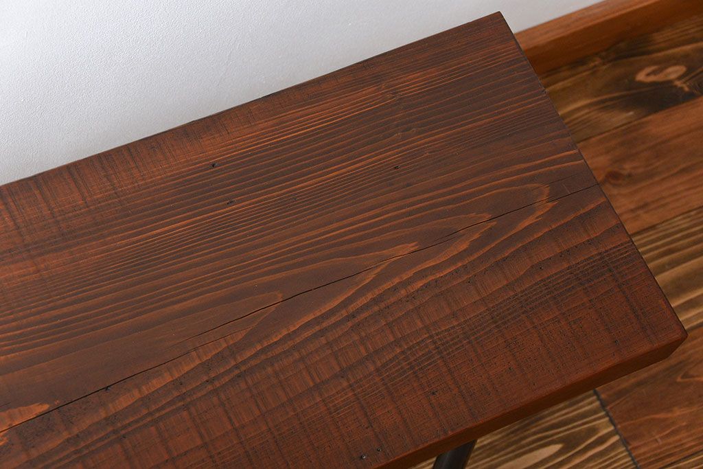 レトロ家具　昭和レトロ 天板一枚板　古材を使った鉄脚ベンチ(2)