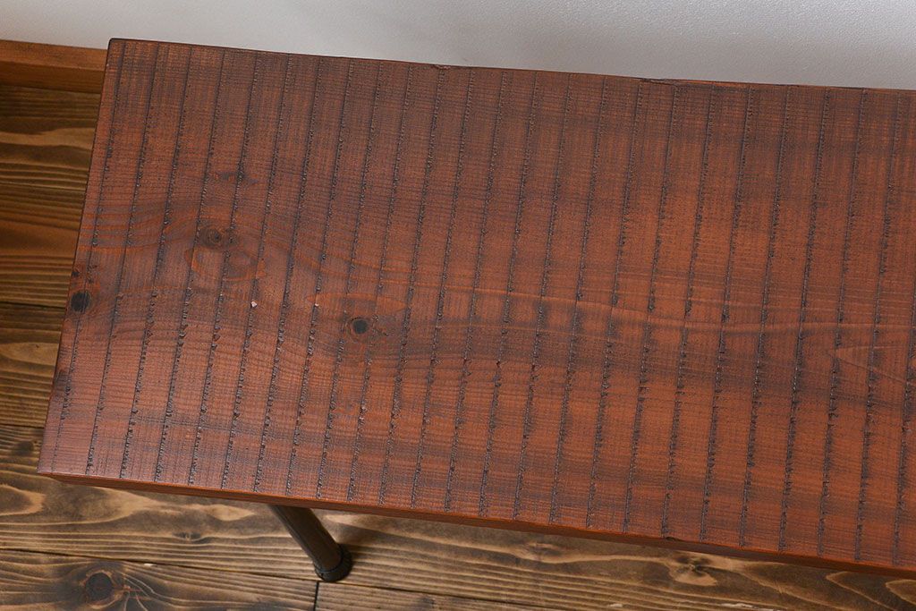 レトロ家具　昭和レトロ　天板一枚板　古材を使った鉄脚ベンチ(3)