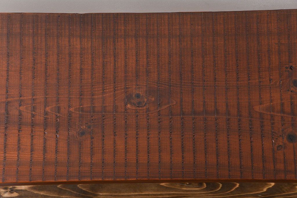 レトロ家具　昭和レトロ　天板一枚板　古材を使った鉄脚ベンチ(3)