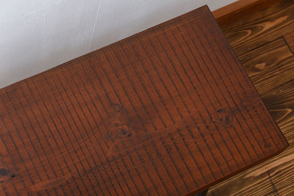 レトロ家具　昭和レトロ　天板一枚板　古材を使った鉄脚ベンチ(3)