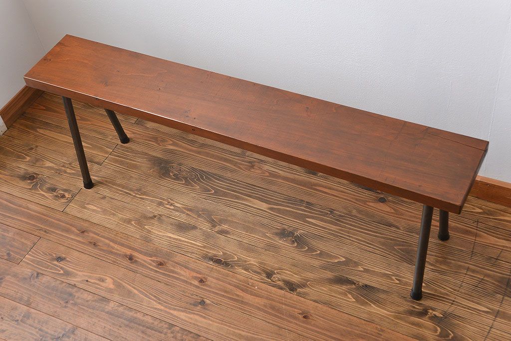 レトロ家具　昭和レトロ　天板一枚板　古材を使った鉄脚ベンチ(4)