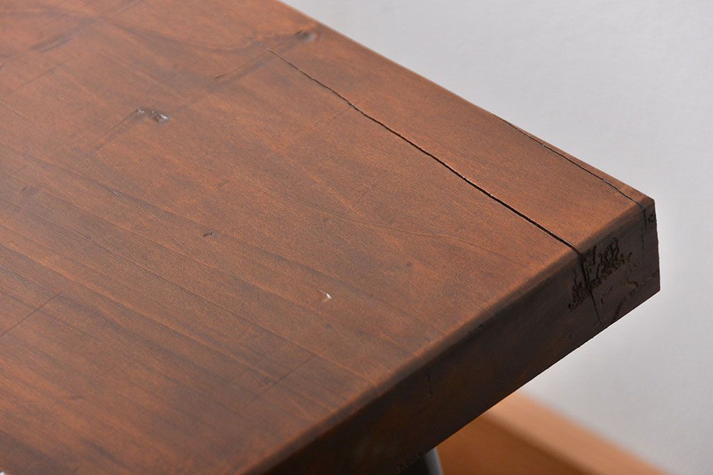 レトロ家具　昭和レトロ　天板一枚板　古材を使った鉄脚ベンチ(4)