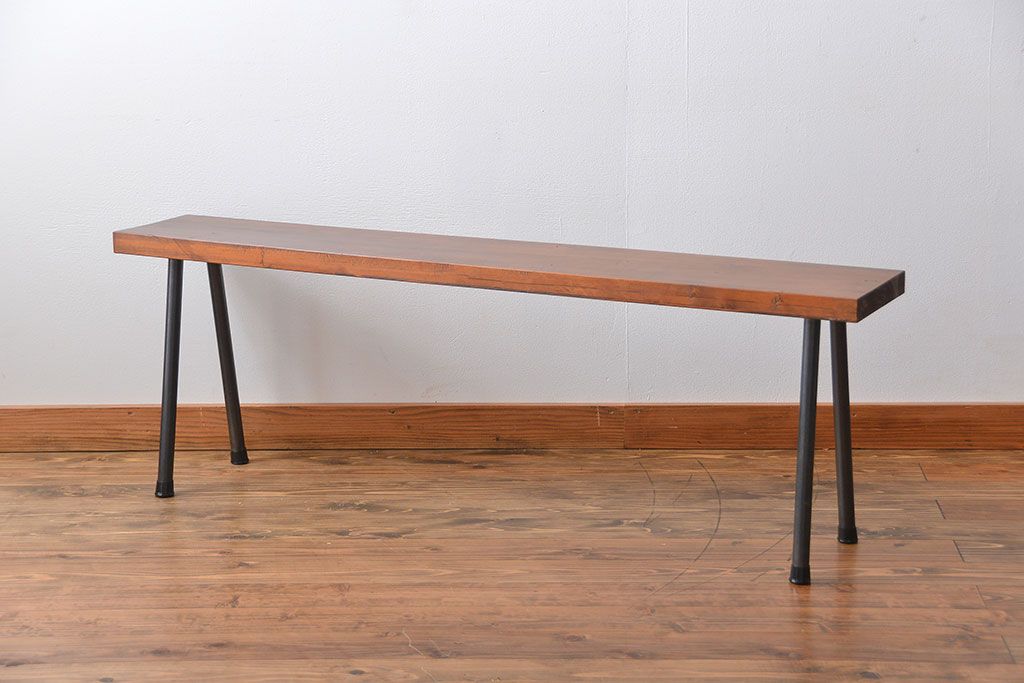 レトロ家具　昭和レトロ　天板一枚板　古材を使った鉄脚ベンチ(4)