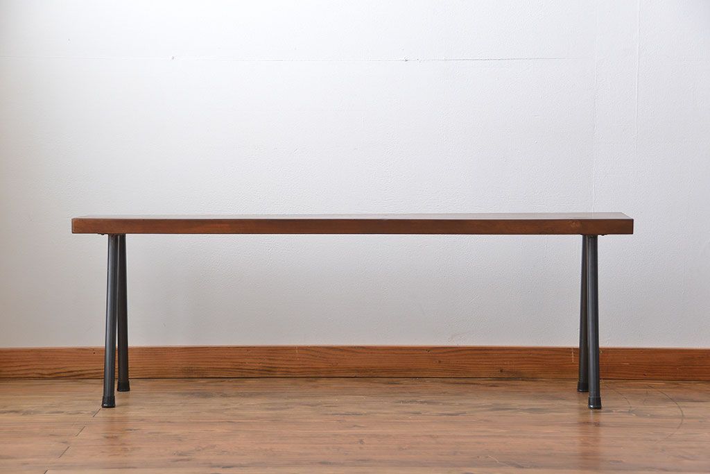 レトロ家具　 昭和レトロ　天板一枚板　古材を使った鉄脚ベンチ(5)