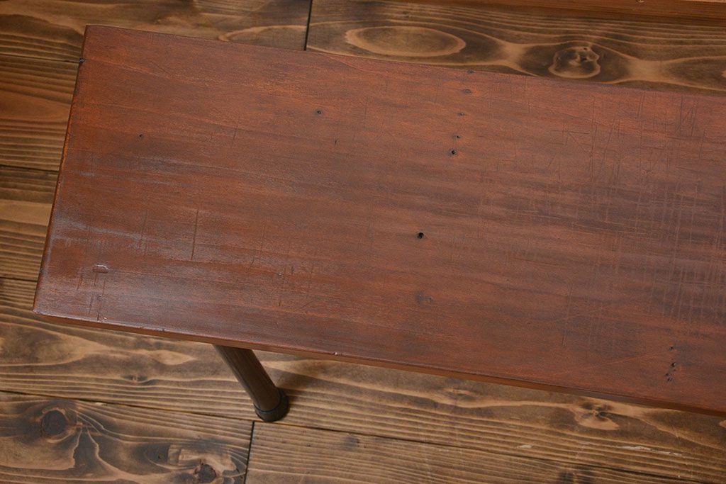 レトロ家具　 昭和レトロ　天板一枚板　古材を使った鉄脚ベンチ(5)