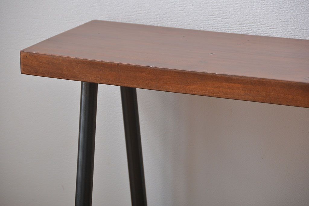 レトロ家具　 昭和レトロ　天板一枚板　古材を使った鉄脚ベンチ(5)