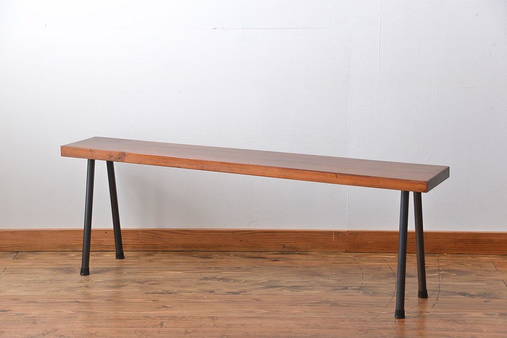レトロ家具　 昭和レトロ　天板一枚板　古材を使った鉄脚ベンチ(5)