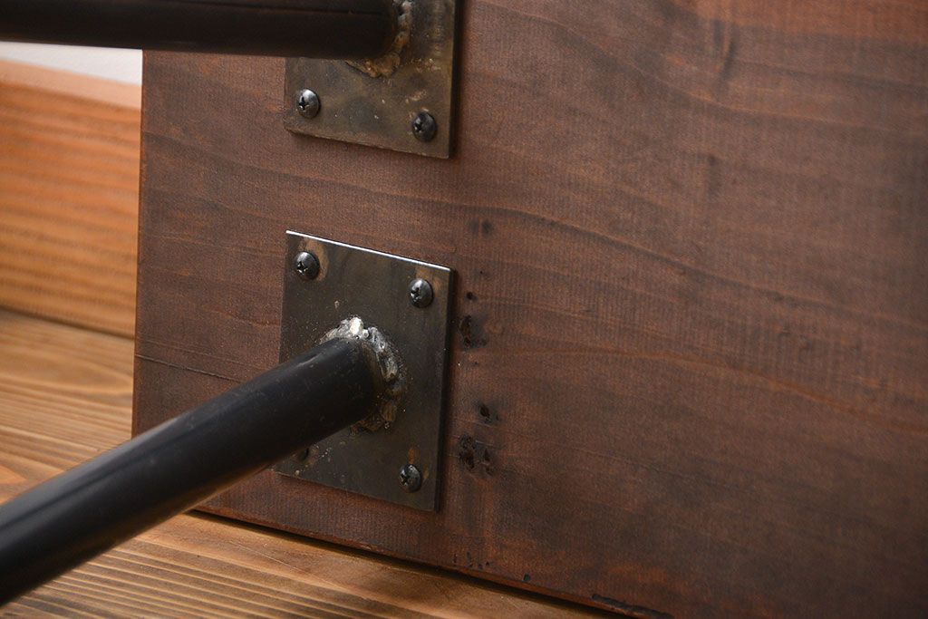 レトロ家具　 昭和レトロ　天板一枚板　古材を使った鉄脚ベンチ(5)
