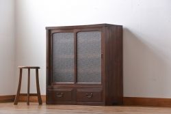 レトロ家具　昭和レトロ　前面栗材　ダイヤガラス入り収納棚(2)