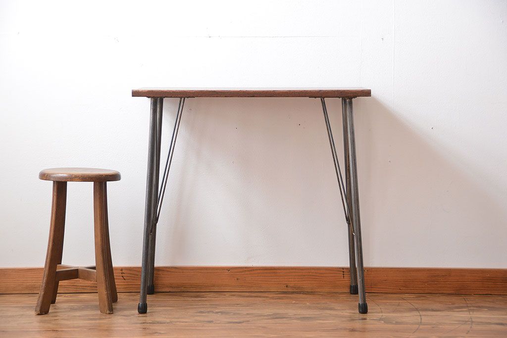 アンティーク家具　アンティーク 天板一枚板 古材を使った鉄脚テーブル(3)