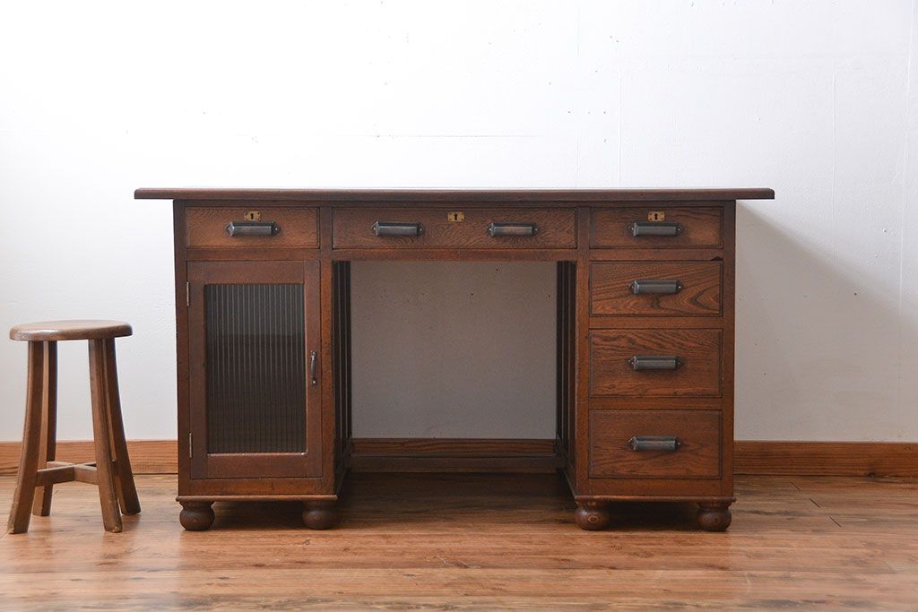 レトロ家具　昭和レトロ　ナラ材の両袖机