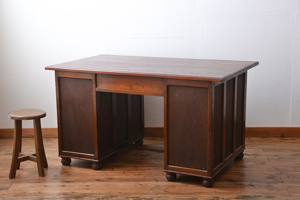 レトロ家具　昭和レトロ　ナラ材の両袖机