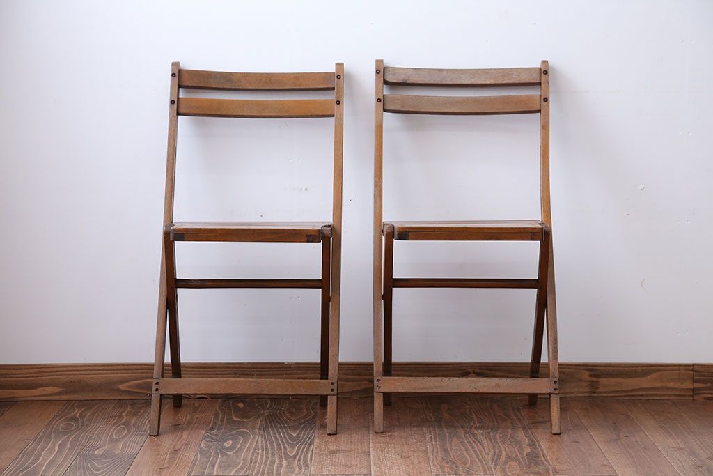 アンティーク家具　イギリスアンティーク　古い木製のフォールディングチェア2脚セット(3)