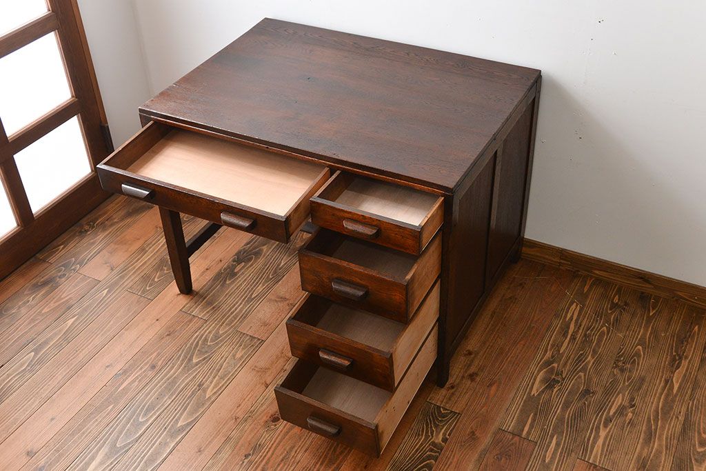 レトロ家具 昭和レトロ 古い木製のシンプルなアンティークデスク(片袖机) | ラフジュ工房