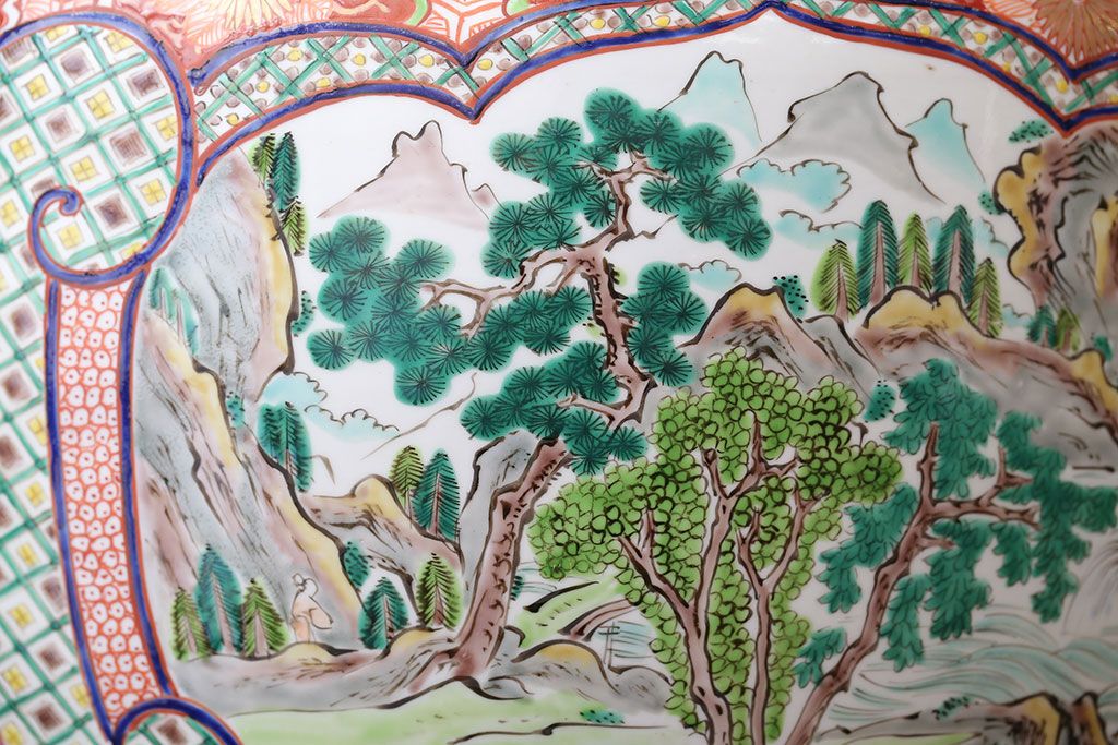 アンティーク雑貨　古民具・骨董　明治〜大正時代　古い色絵火鉢 (窓絵・十錦手)