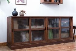レトロ家具　昭和レトロ　モールガラス入り!4枚引き戸のアンティーク収納棚