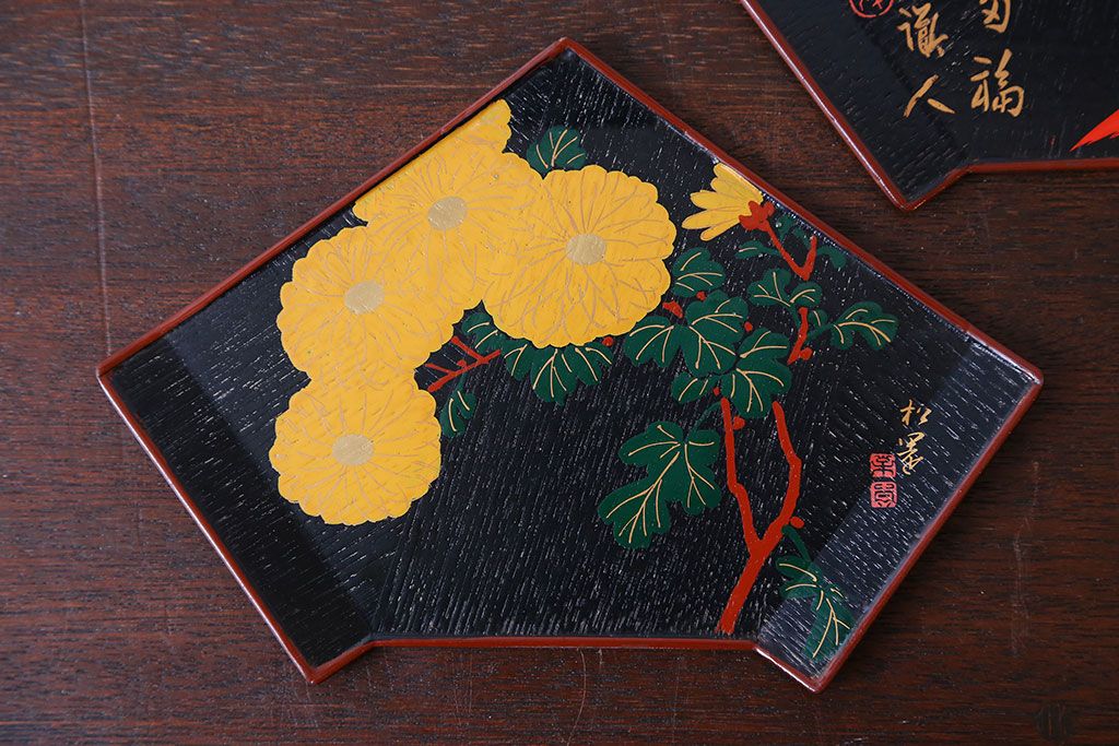 アンティーク雑貨　東西大家作画・菓子盆5枚セット(大観、玉堂など銘々盆)