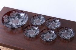 アンティーク雑貨　大正〜昭和初期・赤切子ガラス皿6枚セット(氷コップ)